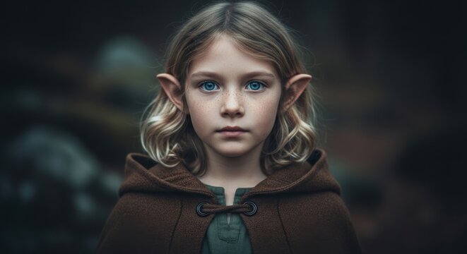 Young child with blonde hair, vivid blue eyes, and pointed elf ears in a forest