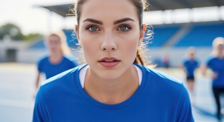 Young woman in blue sportswear on a track, intense focus, teammates behind her