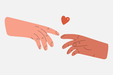 Romantic hands gesture. Two hands and fingers gently touching, human arms connection with love, friendship affection care support concept. Vector flat illustration