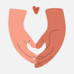 Hands holding together. Two hands and fingers gently touching, palms romantic gesture, arms connection with love, friendship affection care support concept. Vector illustration