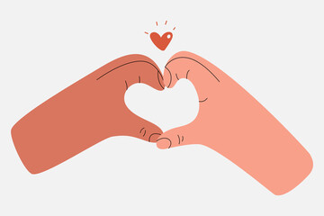 Two hands making heart shape. Love hand sign, heart symbol made of fingers, affection expression, romantic emotions flat cartoon style. Vector isolated illustration