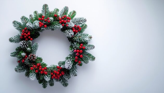 Festive pine and fir wreath with red berries and frosted pinecones on a pale background Christmas winter