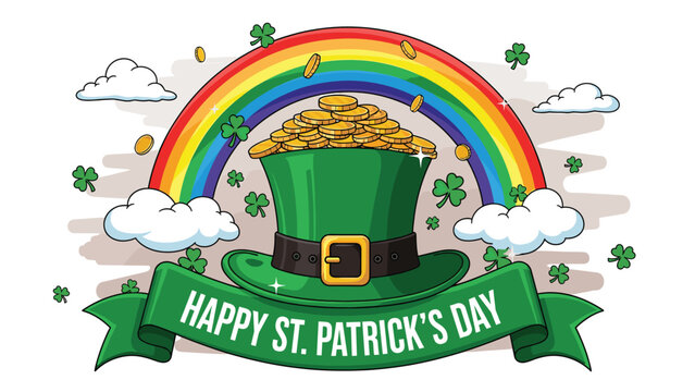 Happy St. Patrick's Day Hat with Gold Coins and Rainbow, perfect for greetings, invitations, and themed graphics.
