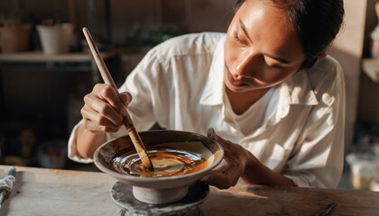 Woman painting a ceramic bowl with a brush in a studio.