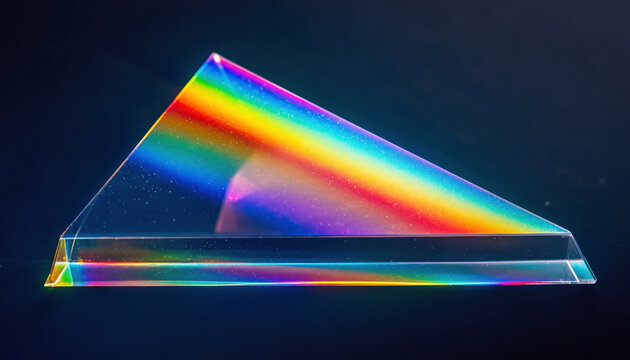 Glass prism refracts light creating a rainbow spectrum.