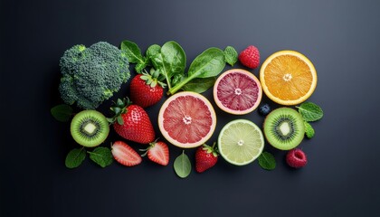 Assorted fresh fruits and vegetables including broccoli strawberries kiwi oranges grapefruit lime spinach blueberries