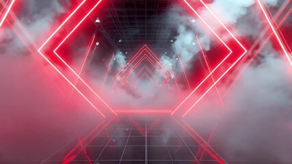 Glowing red neon tunnel with geometric shapes and drifting smoke creating a dramatic immersive scene filled with vibrant light, depth, and atmospheric visual energy - Powered by Adobe