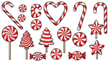 heart shaped candy canes, Candy canes red clipart set. Candy cane, lollipop and peppermint candy clip art collection with shape and pattern like spiral, stripes, swirl, pine tree, heart and star for C