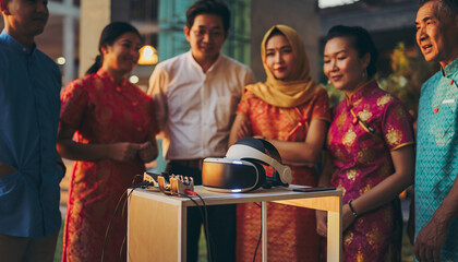 People gather around virtual reality headset and technology outdoors.