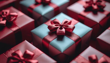 Assortment of festive gift boxes tied with satin ribbons and bows in blue and red hues present holiday