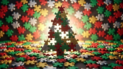 Christmas Tree Made of Puzzle Pieces Holiday Season Festive Background.