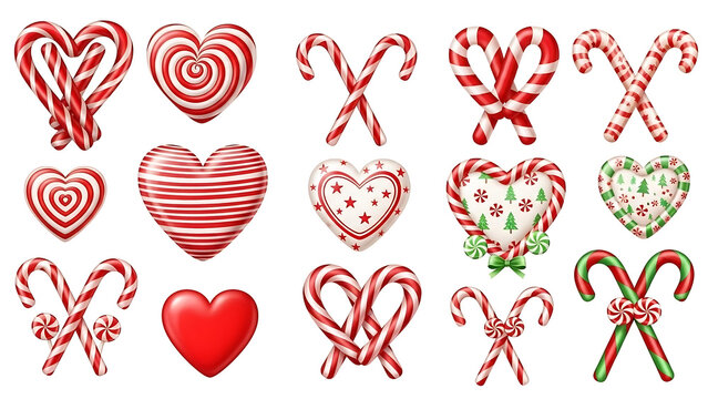 heart shaped candy canes, Candy canes red clipart set. Candy cane, lollipop and peppermint candy clip art collection with shape and pattern like spiral, stripes, swirl, pine tree, heart and star for C - Powered by Adobe