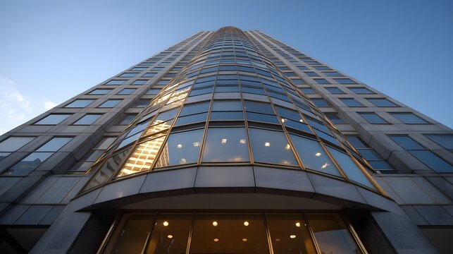 A dramatic low angle view of a modern glass skyscraper against a clear blue sky at dusk showcasing its reflective facade