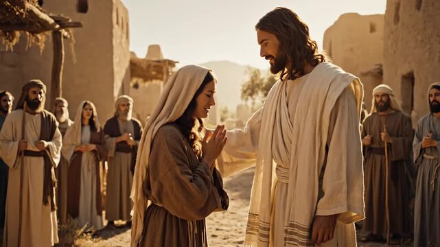 Jesus Christ Blesses a Woman - A scene depicting Jesus Christ blessing a woman in a Middle Eastern village. A crowd of onlookers stands by witnessing the gospel preaching.