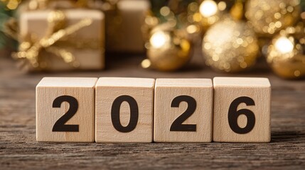 Wooden blocks displaying 2026, symbolizing a future year amidst golden Christmas ornaments and festive decorations, evoking anticipation and celebration of the New Year.