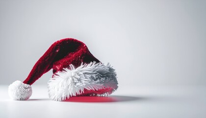 Red plush Santa hat with white trim and pompom rests on a white surface casting a shadow Christmas hat