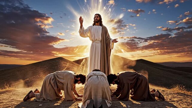 Jesus Christ on a Hill with Kneeling Men - Jesus Christ stands on a hill bathed in glowing light, while three men kneel before him in reverence. The sunset sky casts a warm, golden hue over the scene.