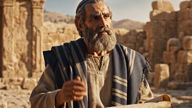 Ancient Jewish Elder with Scroll - An aged man with a beard, resembling an elder or apostle from ancient Jewish history, stands in a sunlit desert setting.