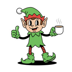 Cheerful Retro Cartoon Christmas Elf Mascot with Coffee and Thumbs Up