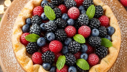 Obraz premium Holiday Tart with Berries and Powdered Sugar Close Up