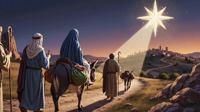 Journey to Bethlehem: Joseph, Mary and a Donkey - Joseph and Mary, with Mary riding a donkey, journey towards Bethlehem under the guiding light of a bright star, followed by another man with his own