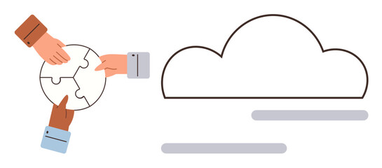 Hands solving circular puzzle beside a cloud outline. Ideal for teamwork, innovation, online connectivity, cloud services, data sharing, strategy, creativity. Simple flat metaphor