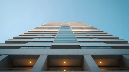 Obraz premium Low angle view of a modern skyscraper with multiple balconies against a clear blue sky