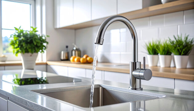 Modern kitchen sink with running water and plants.
