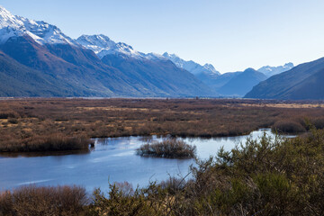 Fototapeta premium The Glenorchy Lagoon and the Southern Alps in Otago, New Zealand