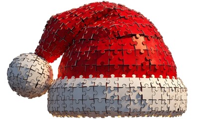 Christmas Santa Hat Made of Jigsaw Puzzles Holiday Season Festive Concept Isolated.
