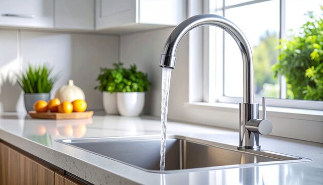 Modern kitchen sink with running water and countertop decor.