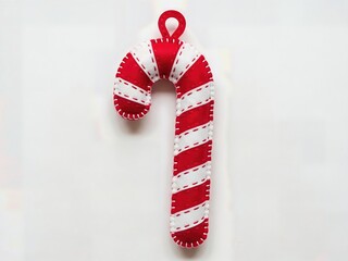 Whimsical Felt Candy Cane Ornament Red White Striped Hand Stitched Isolated Playful Christmas Decoration