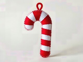 Whimsical Felt Candy Cane Ornament Red White Striped Hand Stitched Isolated Playful Christmas Decoration