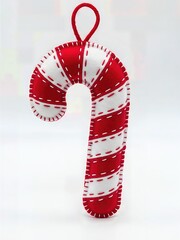 Whimsical Felt Candy Cane Ornament Red White Striped Hand Stitched Isolated Playful Christmas Decoration