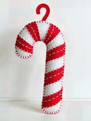 Whimsical Felt Candy Cane Ornament Red White Striped Hand Stitched Isolated Playful Christmas Decoration