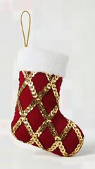Sophisticated Gold Sequin Embellished Christmas Stocking Decoration Luxury Fabric Isolated Professional Product Photography