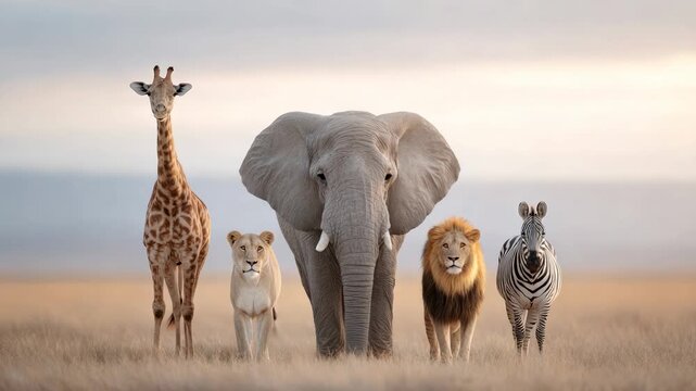 Majestic african animals. Including an elephant. Giraffe. Lion. Lioness. And zebra. Standing together as a group in the vast. Golden grasslands of the savannah at sunrise. Representing wildlife unity