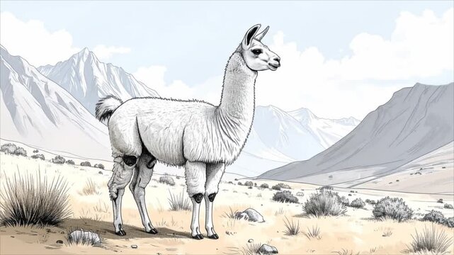 Illustration of a llama standing in a dry mountainous landscape cartoon style graphic design