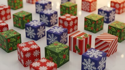 Christmas gift boxes with festive patterns, holiday presents, and seasonal decorations.