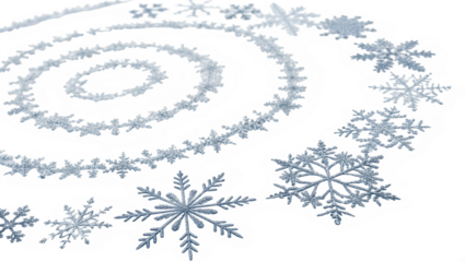 A swirling spiral pattern made of delicate blue snowflakes isolated on a transparent background