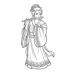 Obraz premium Woman Playing Traditional Chinese Flute in Historical Attire Illustration Music