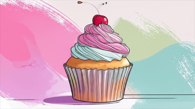Illustration of a single decorated cupcake with a cherry isolated on a colorful background with copy space