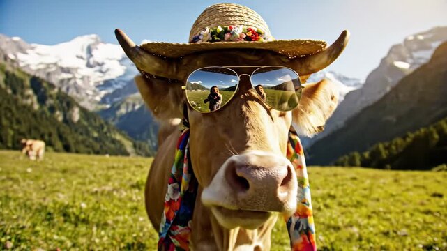 Cool Cow in the Mountains - A comical cow is wearing sunglasses, a straw hat and a colorful scarf, standing in a field. Mountain peaks rise in the background of the sunny landscape.