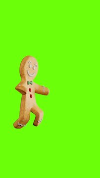 Gingerbread man dancing. 3D animation. Green screen vertical background. 3d rendering not AI