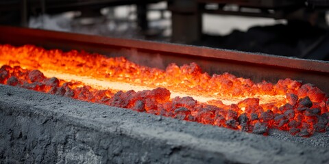 Long metal bar is glowing red hot