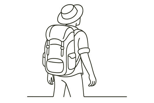 Backpacking adventure outline of young caucasian male with hat and gear