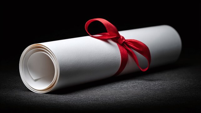 An elegant diploma scroll tied with a vibrant red ribbon, set against a dark, textured background, signifies achievement, success, and the culmination of hard work.
