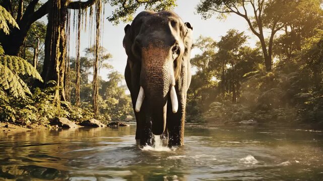 Elephant Wading in Jungle River - A majestic elephant stands in a serene river, surrounded by lush greenery and the vibrant atmosphere of a jungle.