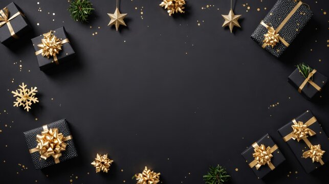 Elegant black and gold Christmas presents with star ornaments hang on a dark festive backdrop. Use: luxury holiday catalog, upscale e-commerce.