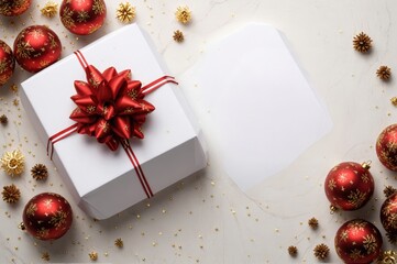 A white wrapped present with a red ribbon, surrounded by gold snowflake ornaments and Christmas balls on a marble surface. Use: holiday advertising.